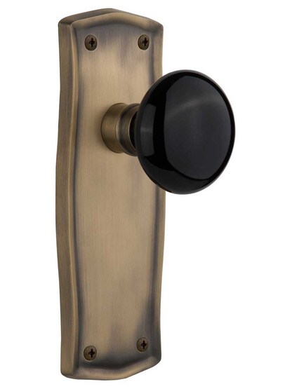 Prairie Door Set with Black Porcelain Knobs - No Keyhole in Antique Brass .